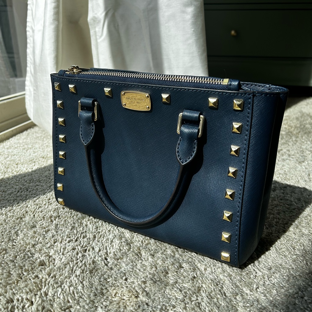 Michael Kors Navy Saffiano Crossbody Satchel With Gold Studs